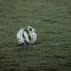 A soccer ball resting on a grass field, captured during nightfall with visible dew.