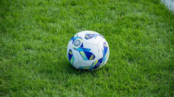 A detailed view of a soccer ball resting on a lush green grass field.