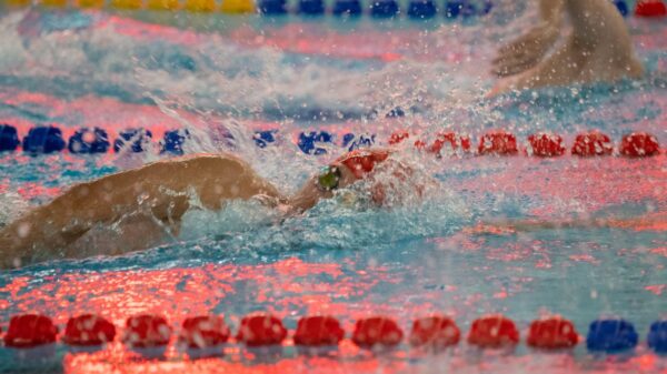 Swimmers in action during a competitive swimming event with vibrant reflections.