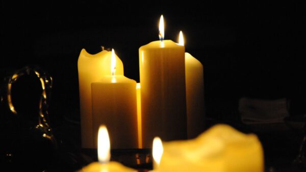 Cozy ambience with close-up of flickering candles on a dark background.