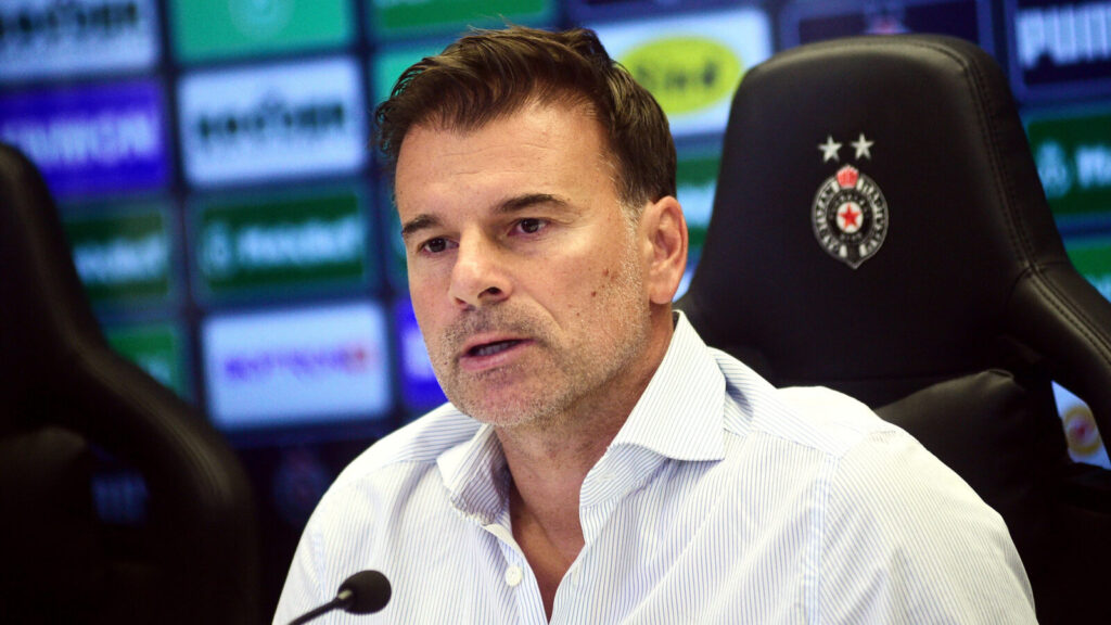 Press conference of Aleksandar Stanojevic and Mario Jurcevic before the first match of the UEFA League conference playoff qualification between FK Partizan and K.A.A Gent. Konferencija za medije Aleksandra Stanojevica i Maria Jurcevica pred prvi mec plej ofa kvalifikacija UEFA Lige konferencije FK Partizan - K.A.A Gent.