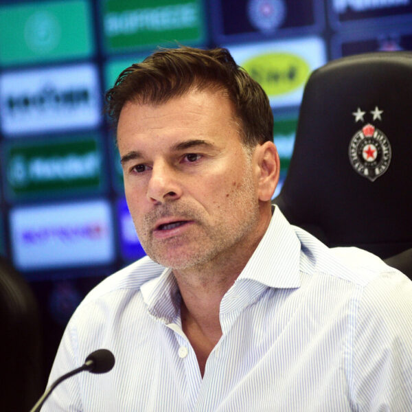 Press conference of Aleksandar Stanojevic and Mario Jurcevic before the first match of the UEFA League conference playoff qualification between FK Partizan and K.A.A Gent. Konferencija za medije Aleksandra Stanojevica i Maria Jurcevica pred prvi mec plej ofa kvalifikacija UEFA Lige konferencije FK Partizan - K.A.A Gent.