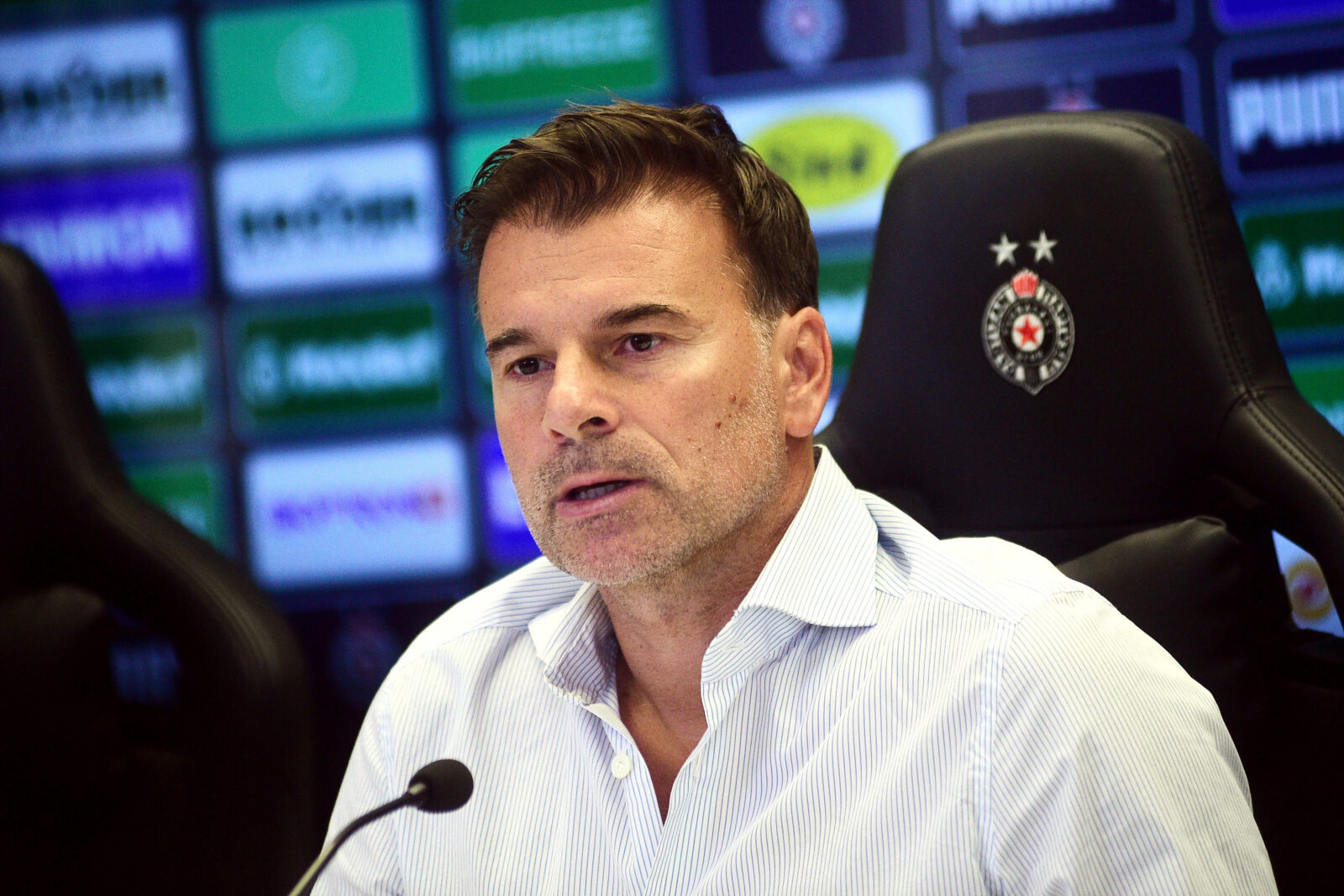 Press conference of Aleksandar Stanojevic and Mario Jurcevic before the first match of the UEFA League conference playoff qualification between FK Partizan and K.A.A Gent. Konferencija za medije Aleksandra Stanojevica i Maria Jurcevica pred prvi mec plej ofa kvalifikacija UEFA Lige konferencije FK Partizan - K.A.A Gent.
